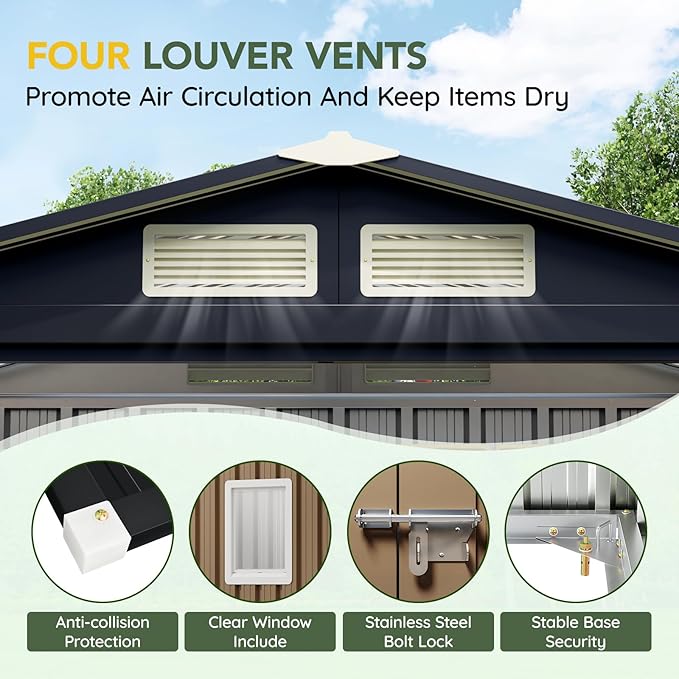 Breezz 8x6FT Outdoor Steel Storage Shed with Clear Window, Lockable Doors, Weather-Resistant Metal Tool Shed for Garden, Backyard, Patio, and Utility Storage.Brown