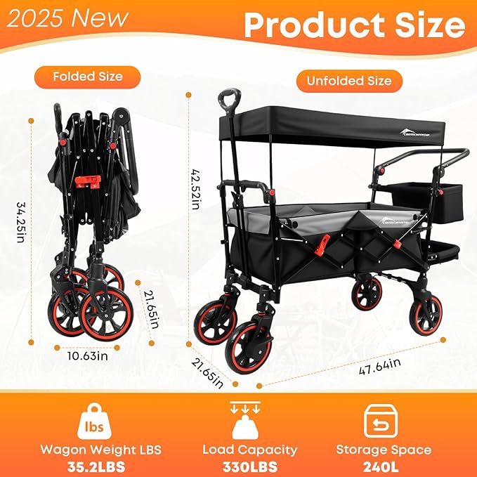 Collapsible Canopy Wagon,Large Capacity Trolley, Foldable Portable cart with Canopy, Adjustable Push/Pull Handle, Shock-Absorbing Wheels, Suitable for Shopping,Traveling-B