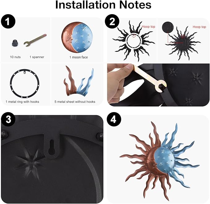 VZVXCC Metal Sun Outdoor Wall Art Decor-30 Inch Larger Size Sun Outdoor Wall Art Decor with Moon & Stars,Retro Decoration Hanging for Indoor Outdoor Garden Fence Living Room Bedroom