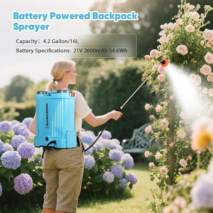 Battery Powered Backpack Sprayer, 4.2 Gallon Electric Sprayer for Weed Fertilizer Cleaning Watering, 80PSI Adjustable Pressure Lawn & Garden Sprayers with Telescopic Wand 8 Nozzles 2.6AH Battery