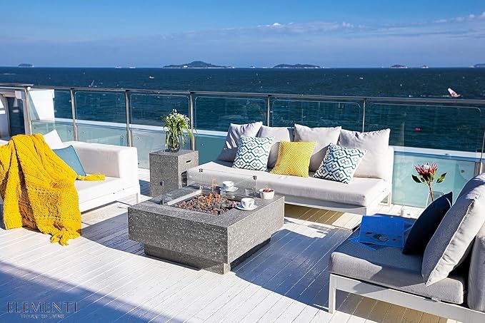 Elementi Manhattan Gas Fire Pit Cast Concrete Fire Table, Outdoor Fire Pit Electronic Ignition | Canvas Cover, Lava Rock Included | Free AMS Wind Guard | Light Gray (Propane Gas)