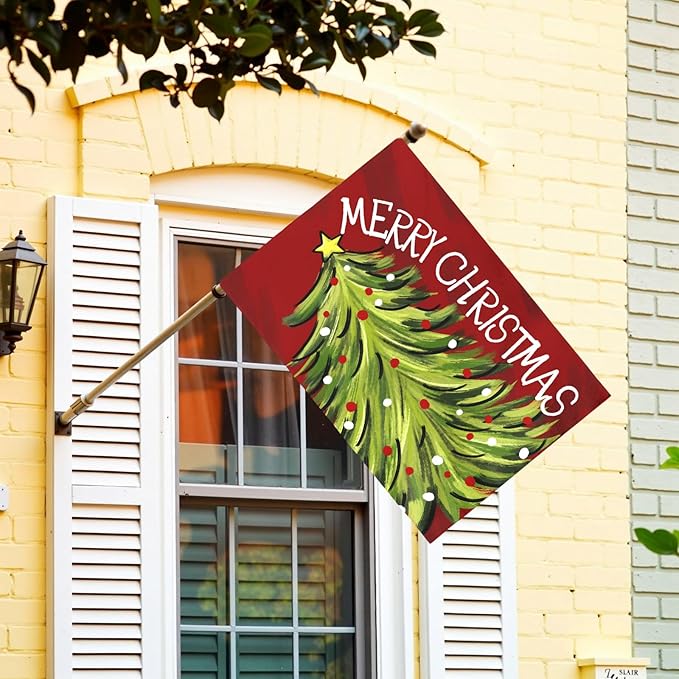 Merry Christma Garden Flag Xmas Tree Yard Flag Winter Wall Banners Red Green Trees Double Sided Vertical House Banner for Rustic Farmhouse Seasonal Outdoor Decoration 28 x 40 Inch