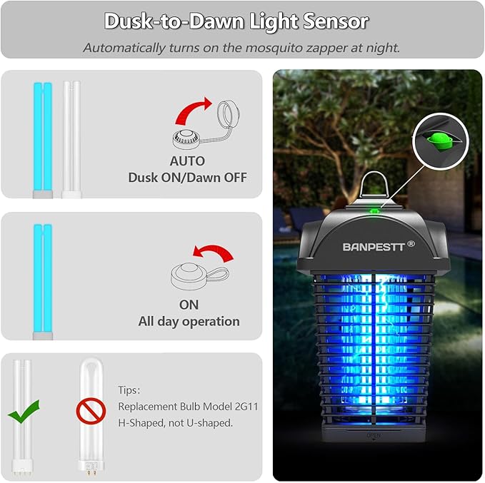BANPESTT Bug Zapper Outdoor, Mosquito Zapper with Dusk-to-Dawn Light Sensor, Waterproof Fly Zapper, Electric Mosquito Killer for Garden, Patio, Balcony, Courtyard(Black