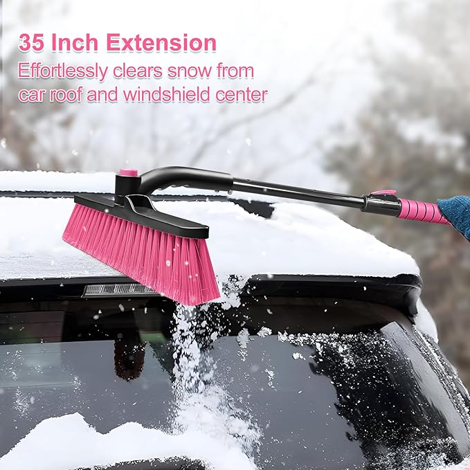SEAAES 35 Inch Ice Scraper and Snow Brush for Car Windshield, Extendable Snow Scraper Brush with Foam Grip for Truck SUV Vehicle Window - Pink