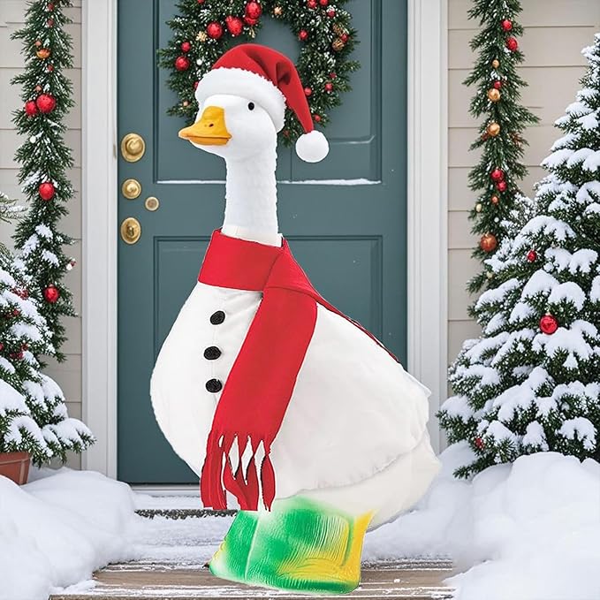 23 Inch Porch Goose Outfit, Seasonal Holiday Decor for Lawn Statues, Halloween Thanksgiving Christmas Goose Clothes Outdoor Costume for Plastic Garden Geese (Christmas Goose, One Size)
