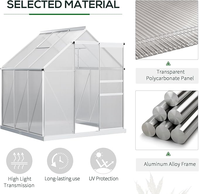 Outsunny 6' x 6' x 6.5' Polycarbonate Greenhouse with Adjustable Roof Vent, Walk-in Heavy Duty Green House Kit with Aluminum Frame, Sliding Door and Rain Gutter for Winter, Silver