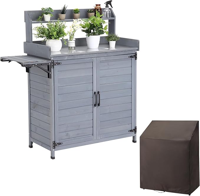 Garvee Outdoor Potting Bench Table, Wooden Gardening Furniture with Metal Tabletop and Storage Cabinet, Horticulture Workstation with Adjustable Shelf for Garden, Patio, Backyard, Greenhouse