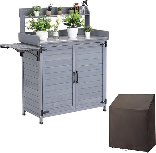 Garvee Outdoor Potting Bench Table, Wooden Gardening Furniture with Metal Tabletop and Storage Cabinet, Horticulture Workstation with Adjustable Shelf for Garden, Patio, Backyard, Greenhouse