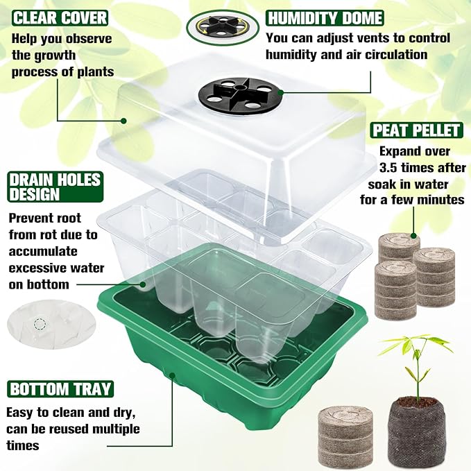 Halatool 8 Pack Seed Starter Tray with 100 PCS Peat Pellets, 96 Cells Green Plant Germination Trays for Organic Seed Starter Soil Pods for Planting Vegetables Plants Flowers Herbs - Starting Seeds Kit