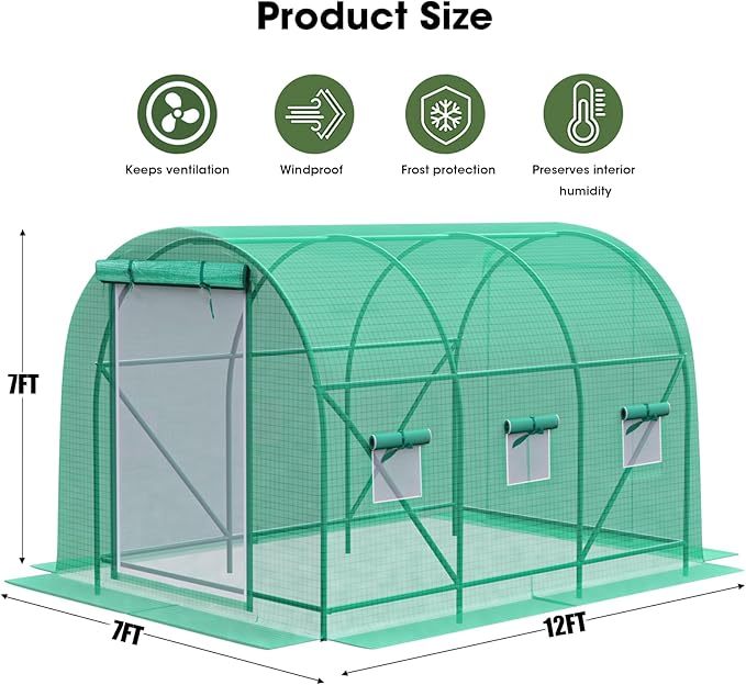 Grezone Walk-in Greenhouse Upgraded Green House with Zippered Screen Doors & 6 Screen Windows Heavy Duty Plastic Plant Warm House with Reinforced Frame (12x7x7 FT)