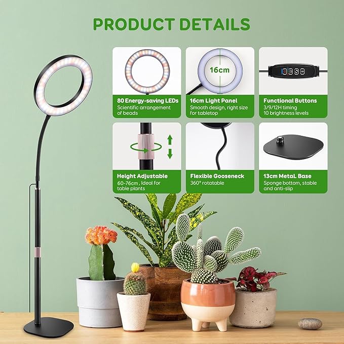 One Head Grow Lights for Indoor Plant Full Spectrum, Desk Halo Plant Lights for Indoor Growing with 3H/9H/12H Timer, 5 Dimmable Levels,Height Adjustable 9.4-23.6",Strong Metal Base Happy Light