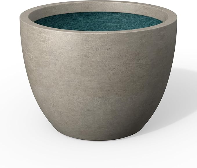 Kante 14.2 Inch Round Concrete Planter - Classic Large Plant Pot with Drainage Hole and Rubber Plug, Suitable for Gardens and Patios, Weathered Concrete Finish with Forest Green Interior