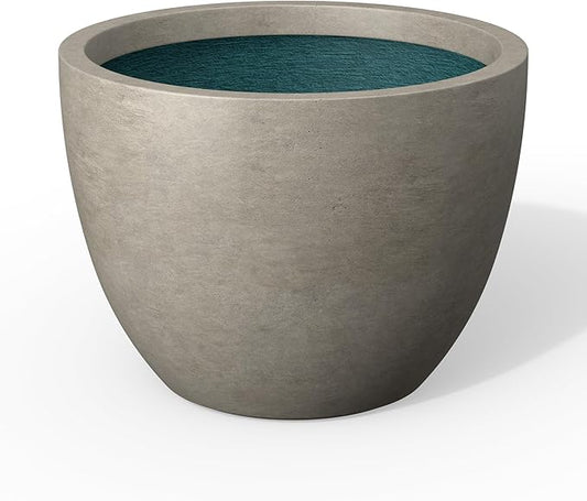 Kante 14.2 Inch Round Concrete Planter - Classic Large Plant Pot with Drainage Hole and Rubber Plug, Suitable for Gardens and Patios, Weathered Concrete Finish with Forest Green Interior