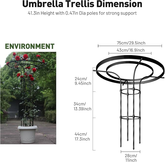 Garden Trellis for Climbing Plants Outdoor, 3.7FT Tall Metal Obelisk Trellis, 41.3" Umbrella Trellis for Potted Plants, Mushroom Top Trellises for Vines, Rose, Clematis, Pea, Bean, Tomato