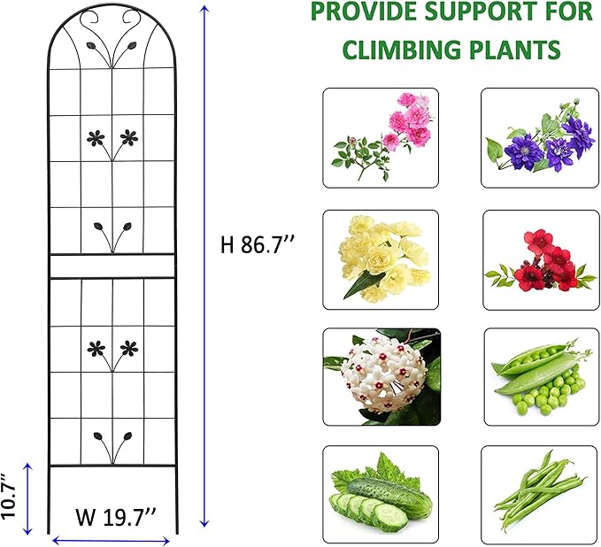 4 Pack Metal Garden Trellis 86.7" Tall Outdoor Climbing Plant Support for Roses, Flowers, Rustproof Durable Black Galvanized Tube, Lawn Garden Fence Decor Screen (4, Daisy-86.7" H)