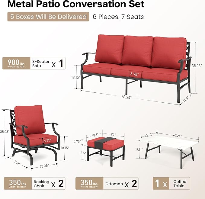 6 Piece Metal Outdoor Patio Furniture Set, Patio Conversation Set 1 3-Seater Sofa, 2 Rocking Chair, 2 Ottomans with 5.75" Thick Cushion and Coffee Table, Black Backyard Furniture, Red