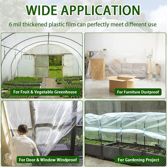 6 mil Greenhouse Plastic Film Sheeting Cover 12 x 26 Ft UV Resistant Clear Polyethylene Film Green House Hoop Farm Plastic Cover for Gardening, Farming, Agriculture