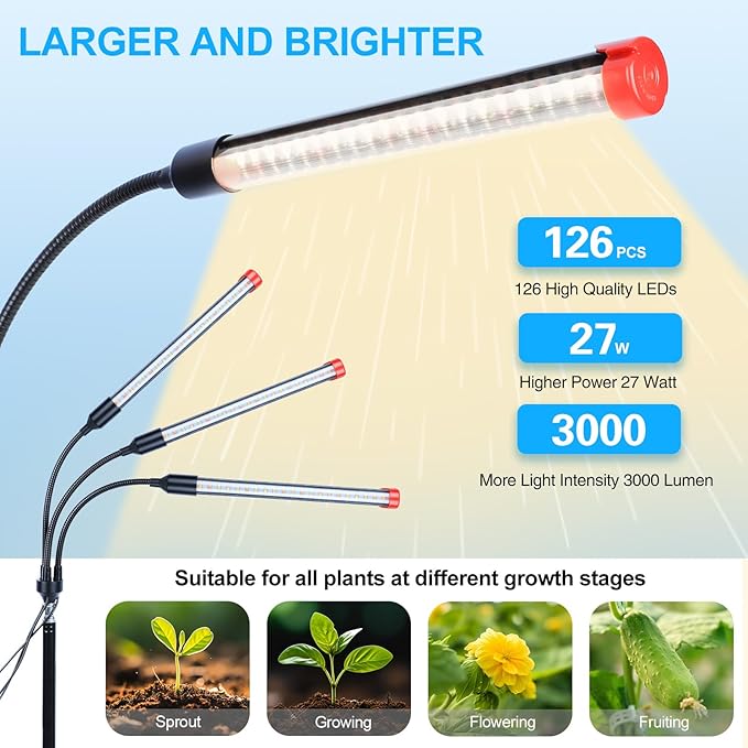 3-Head Grow Light with Stand and Timer, 27 Watt Power Home Plug LED Grow Lights for Indoor Plants for Tall Houseplants, Bonsai Tree, Seed Starting, 24"-64" Adjustable Height