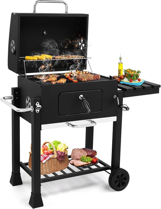 ROVSUN Charcoal Grill with Side Tables, Large Cooking Area, Individual Lifting Charcoal Trays, Pull-Out Ash Tray, BBQ Grill for Outdoor, Picnic, Backyard, Parties