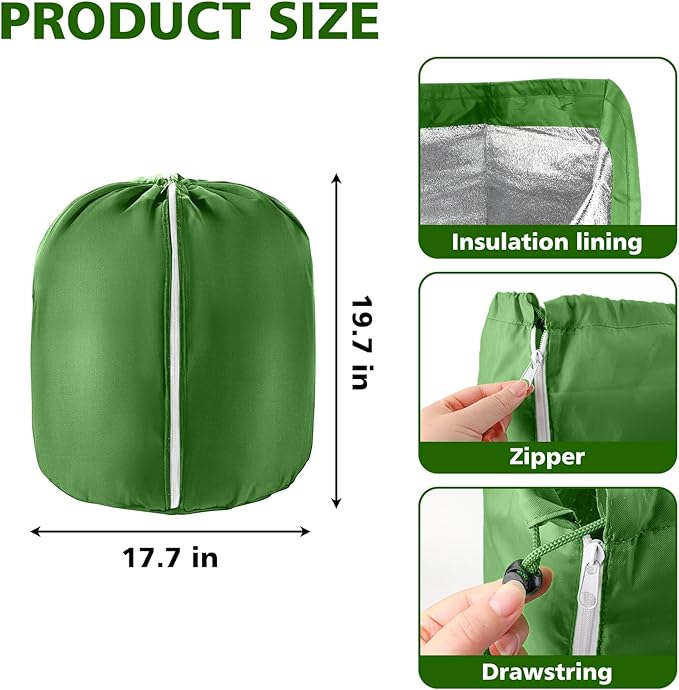 2 Pcs Plant Pot Winter Covers Protection - Potted Plant Freeze Protection Frost Jacket with Zipper Drawstring to Keep Outdoor Plants Flowers Shrubs Trees Warm (17.7" D x 19.7" H - Green)