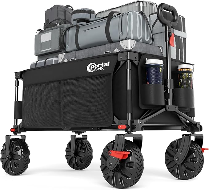 PORTAL Collapsible Wagon with Brakes, Heavy Duty Utility Cart with All-Terrain Wheels, Portable Folding Wagons for Camping, Beach, Garden, Shopping, and Groceries