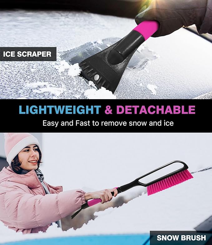 YeewayVeh 35 inch Snow Brush and Ice Scraper for Car Windshield, Extendable Snow Brush for Car with Soft Grip & Additional Handhold, 2 in 1 Detachable Snow Scraper for Car Truck SUV Vehicle, Magenta