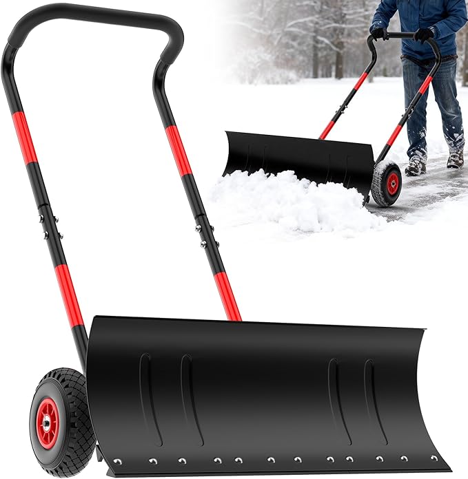 Snow Shovel with Wheels,Heavy Duty Steel Snow Shovel Pusher for Driveways,Sidewalks,3 Level Adjustable Handle and Angle Blade Push Plow