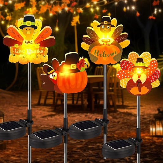 Retisee 4 Pack Thanksgiving Turkey Outdoors Cute Solar Lights Multicolor Patterned Solar Waterproof Lights Outdoor Yard Decorations Pathway Lawn Porch Fall Party Supplies for Home Yard Party Favors