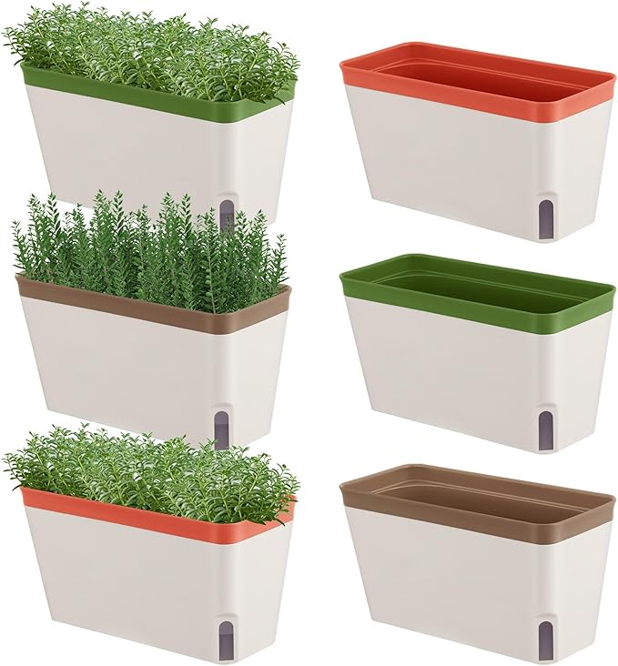 6 Set Window Herb Planter Box Self Watering Plant Pots 10.6 Inch Rectangular Herb Pots Decorative Garden Flower Box for Indoor, Succulent,Vegetables, Flowers