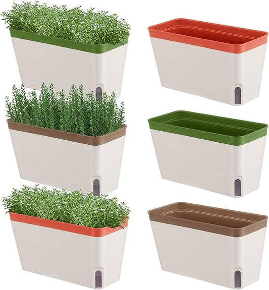 6 Set Window Herb Planter Box Self Watering Plant Pots 10.6 Inch Rectangular Herb Pots Decorative Garden Flower Box for Indoor, Succulent,Vegetables, Flowers