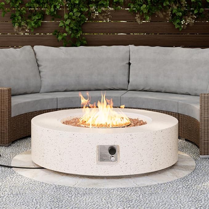 SUNBURY Outdoor 42inch Propane Fire Pit Table, 50,000 BTU Spotted White Patio Fire Table, Concrete Round Gas Fire Table w Lava Rocks (Tank Outside)