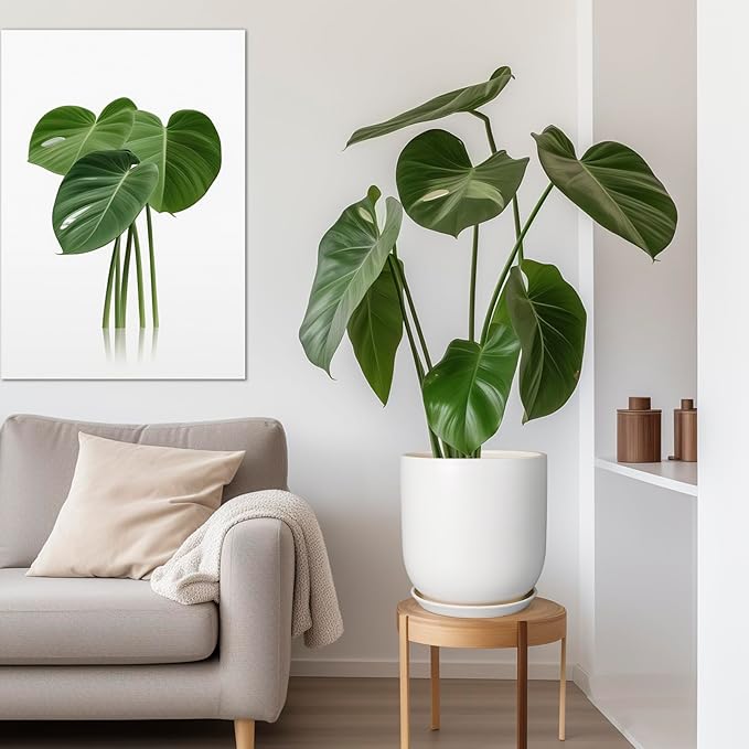 Plant Pot 12 inch - Ceramic Pot for Plants Indoor Outdoor Large Planter Pot with Drainage Hole and Saucer Mid-Century Modern Flower Pot Cylinder White