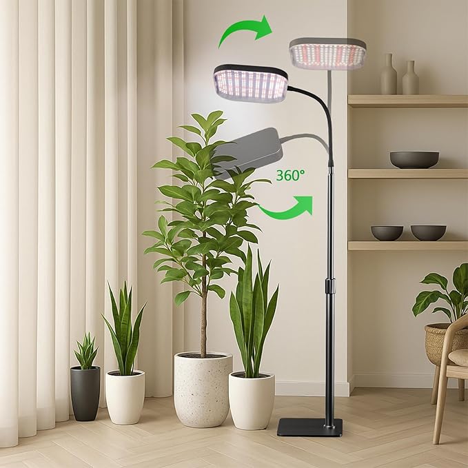 Square Grow Light for Indoor Plants, 336 LEDs 6000K Full Spectrum 12V 3A High Power Floor Plant Light with Stand for Indoor Large Tall Plants Faster Growing, 4/8/12H Timer & Height Adjustable 16-29"
