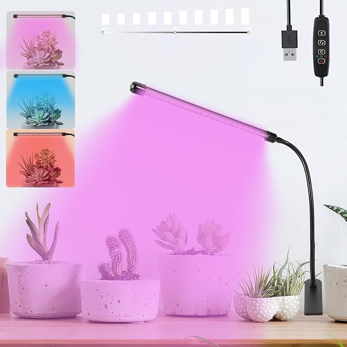 Sunny Power Grow Lights for Indoor Plants, 6000K Full Spectrum Plant Lights for Indoor Growing White Red Led, Clip On Grow Light Plant Lamp for Seeding,Dimmable &Auto on/Off Timmer (Red+Blue, 1Pack)