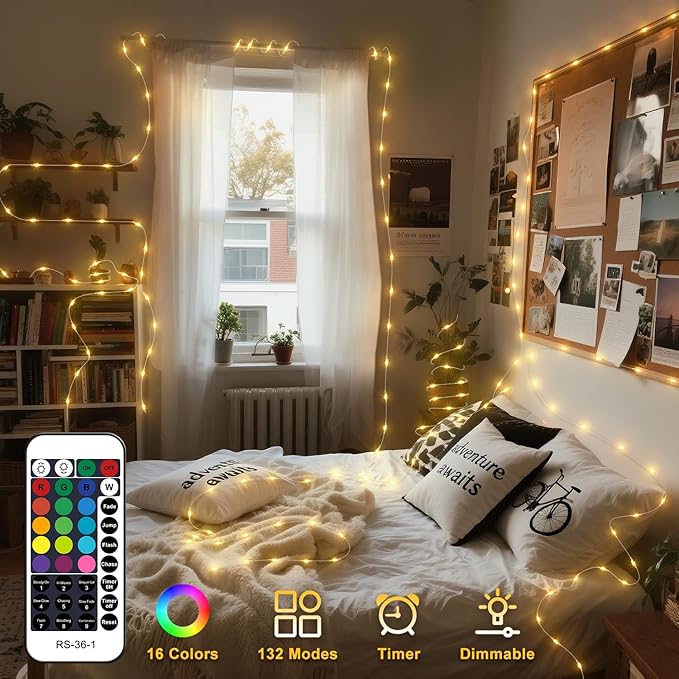 OMIKA 2 Pack 16.4ft 50 LED 16 Colors Battery Operated & USB Powered Fairy Lights, with Remote Waterproof LED String Lights for Bedroom Garden Patio Party Indoor Outdoor Decor(132 Modes)