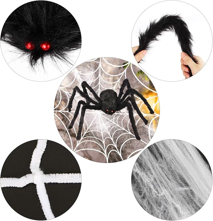 Halloween Spider Decorations, Aitey Halloween Scary Giant Spider Set with 4 Large Fake Spider, Spider Web, 20 Small Plastic Spiders, Cobwebs for Window Wall and Yard Outdoor Halloween Decor