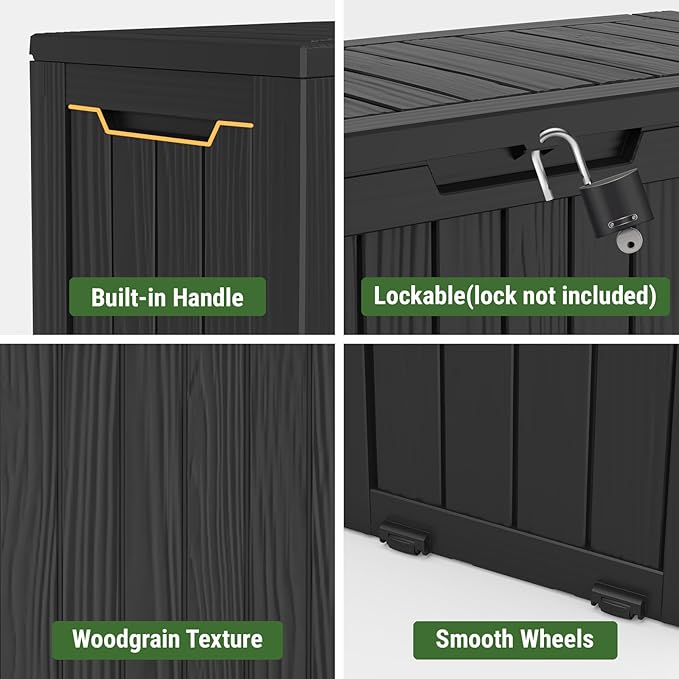 Mars Villa Deck Box, Waterproof Weatherproof and UV Resistant Resin Storage Bin with Lockable Lid, Ideal for, Outdoor, Patio Furniture Cushions, Pool Supplies, Garden Tools (72 Gallon, Black)