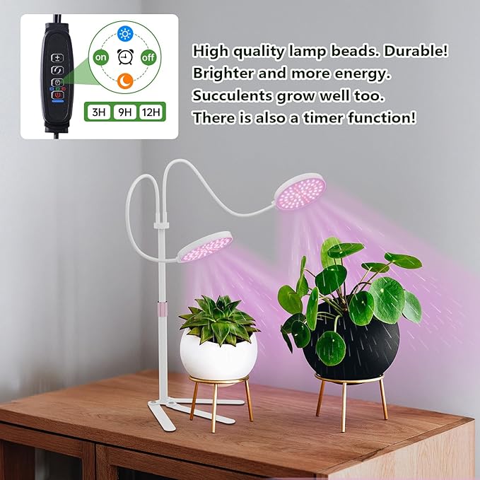 Super-Energy Tabletop LED Grow Lights 9.8"-32"Height Adjustable for Indoor Small/Medium Plants 6000K Full Spectrum with 3 Dimmable Model, Auto On Off Timing 3 9 12Hrs, 5 Brightness(Puck White)