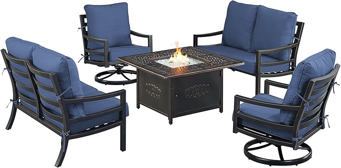 Oakland Living Black Aluminum Patio Fire Table Set with Two Deep Seating Loveseat with Cushions and Two Club Chairs with Blue Cushions
