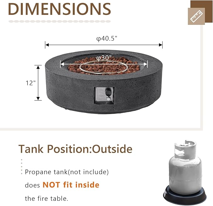 COSIEST 42 inch Outdoor Propane Fire Pit Coffee Table w Concrete Round Base Patio Heater, 50,000 BTU Stainless Steel Burner, Free Lava Rocks, Rain Cover, Gray
