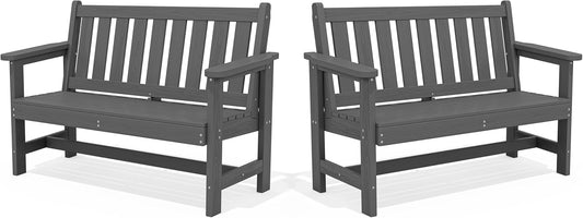 SERWALL Outdoor Bench, HDPE Outdoor Benches Weatherproof, 2-Person Garden Bench with 660 lbs Weight Capacity, Patio Benches for Outdoors, Garden, Porch, Backyard and Park, Grey, 2 Pack