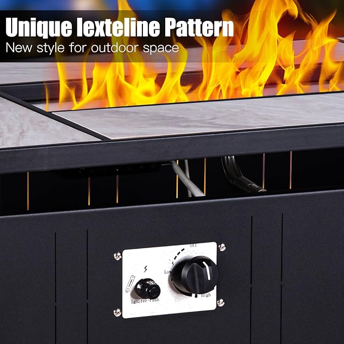 47" Propane Fire Pit Table with Real Ceramic Tabletop, 50000 BTU Gas Firepit Table with Lid & Glass Rock, Outdoor Fire Pit for Dining or Party, Firepit for Outside, Patio