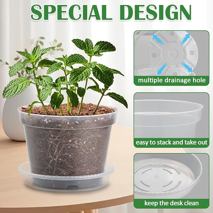 12 Pack 7 Inch Clear Nursery Pots with Saucer, Transparent Plastic Plant Pots with Drainage Holes, Sturdy Plant Starter Pots, Planter Pot for Planting Succulent Flower Herb Vegetable, Gardening Gifts