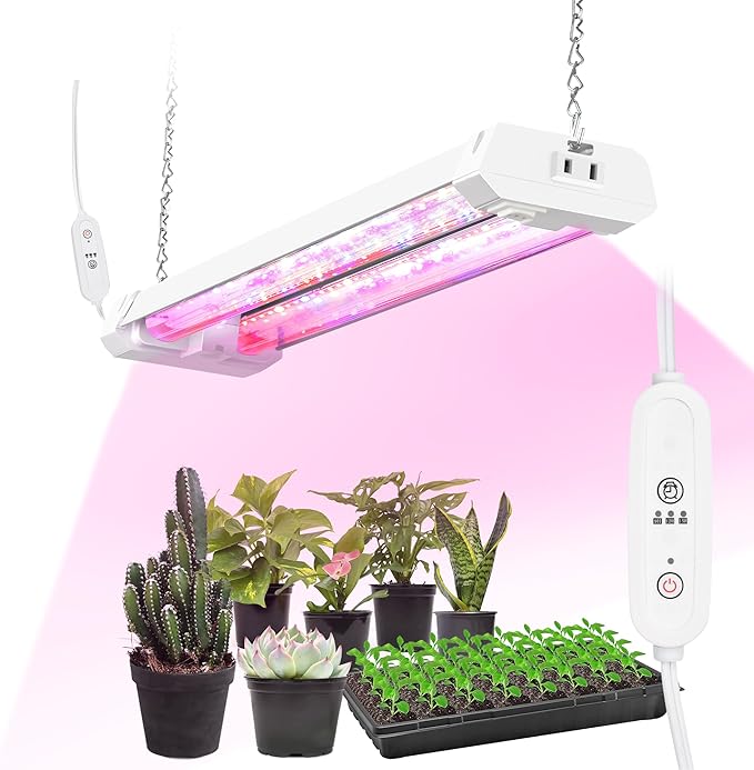 Hlite 16inch Adjustable Full Spectrum Plant Growing Lamps- Linkable Grow Lights for Indoor Plants Plug and Hanging Design with On/Off Switch Timer Hanging Grow Light from Seedling to Flowering，White