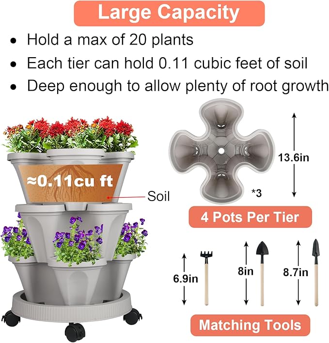 Vertical Planter 3 Tier Stackable Planters Garden Planters Strawberry Herb Flower and Vegetable Planter Indoor Outdoor Gardening Pots with Removable Wheels and Tools