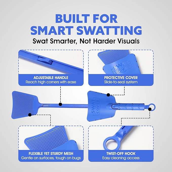 Improved Fly and Bug Swatter w/Integrated Cover, Flexible Bug Smasher for Flies and Bugs Swatting, Surface-Friendly Design, Adjustable Racket Handle - Fly Swatter for Indoors (Pack of 3)