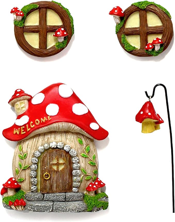 Fairy Door and Windows Garden Kit Accessories Outdoor, Glow in Dark Gnome House for Tree, Lawn Yard Art Sculpture, Miniature Garden Decor (Mushroom)