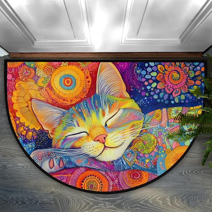 cfpolar Non-Slip Soft Half Round Door Mat, Colorful Nap Cat Semicircle Mat for Indoor Entrance Garage Bath Living Room Patio 24 x 36 in