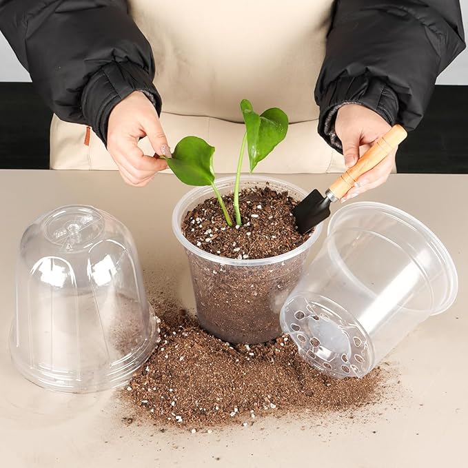 6 Inch Clear Nursery Pots with Humidity Dome, 15 Pack Durable Seed Starting Pot with Drainage Holes, Transparent Plastic Plant Seedling Pots for Indoor Gardening Plants