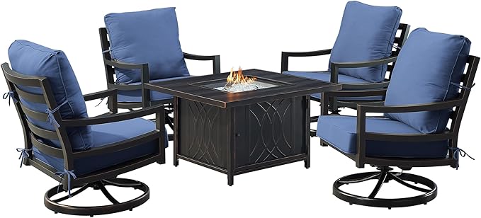 Oakland Living Black Aluminum Patio Fire Table Set with Four Club Chairs with Blue Cushions